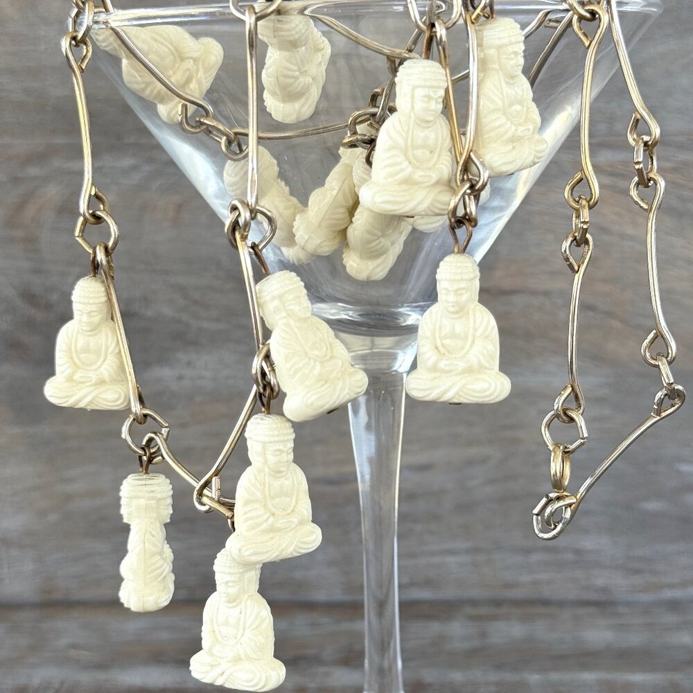 Vintage Creamy White Plastic Buddha Charm Necklace on Long Metallic Bar Links